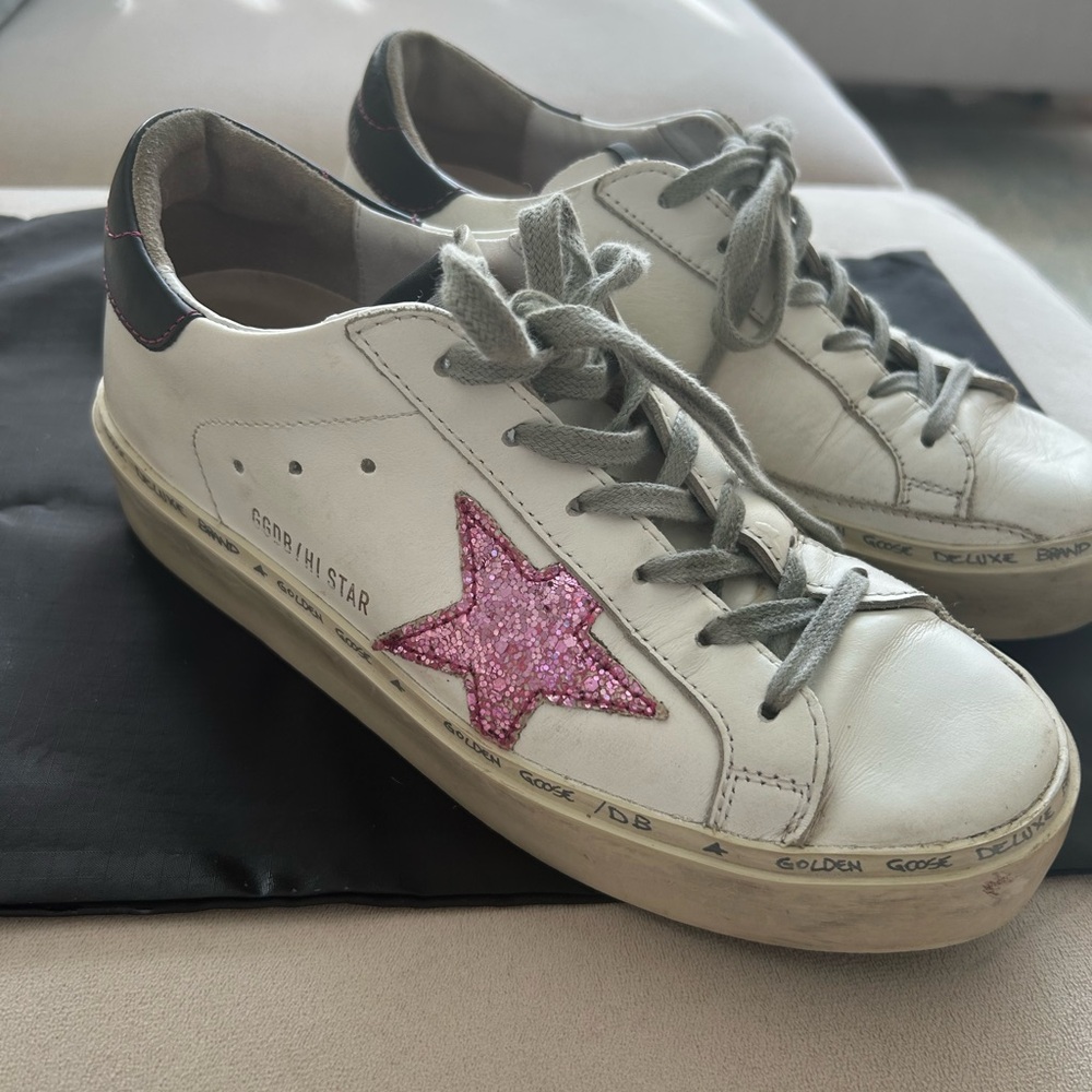 Golden Goose Hi Star Sneakers - White and Black with Pink glitter star size 36